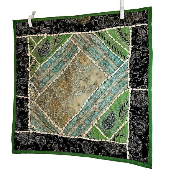 Patchwork Beaded Sari Floor Pillow/Cushion Cover Pair 26" Sq Green Multi Vintage - Picture 5 of 10